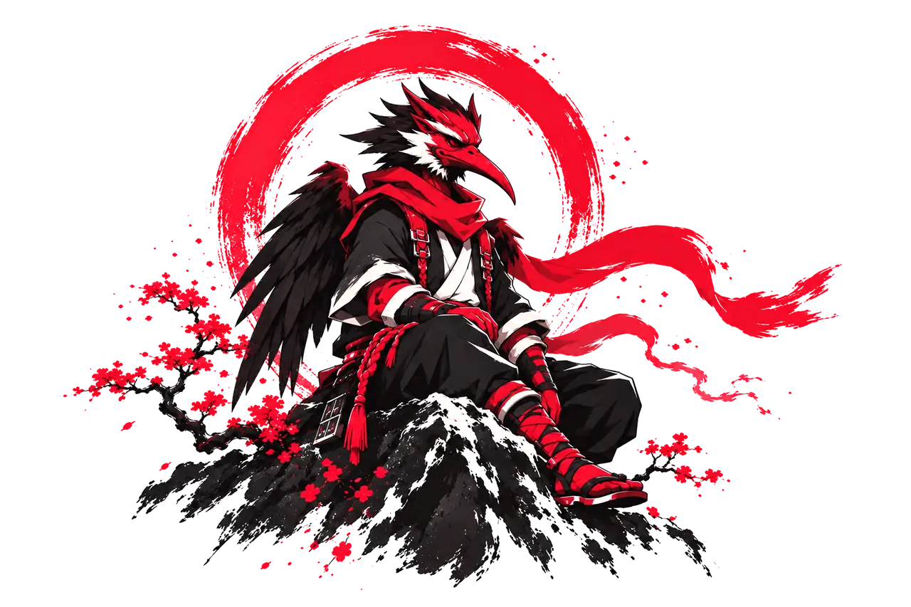 A tengu samurai in black and red, seated on a rock under a red brush circle, among red blossoms.